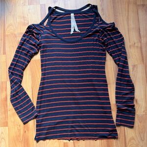 Bailey 44 Navy and Orange Striped Long Sleeve Cold Shoulder Top